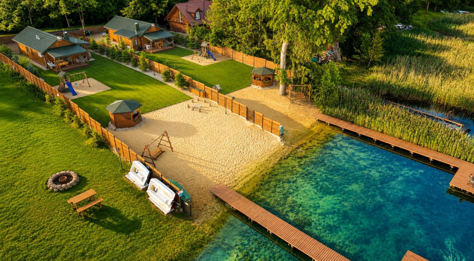 Ujęcie z drona: ośrodek wypoczynkowy, domki, plaża i pomost nad wodą